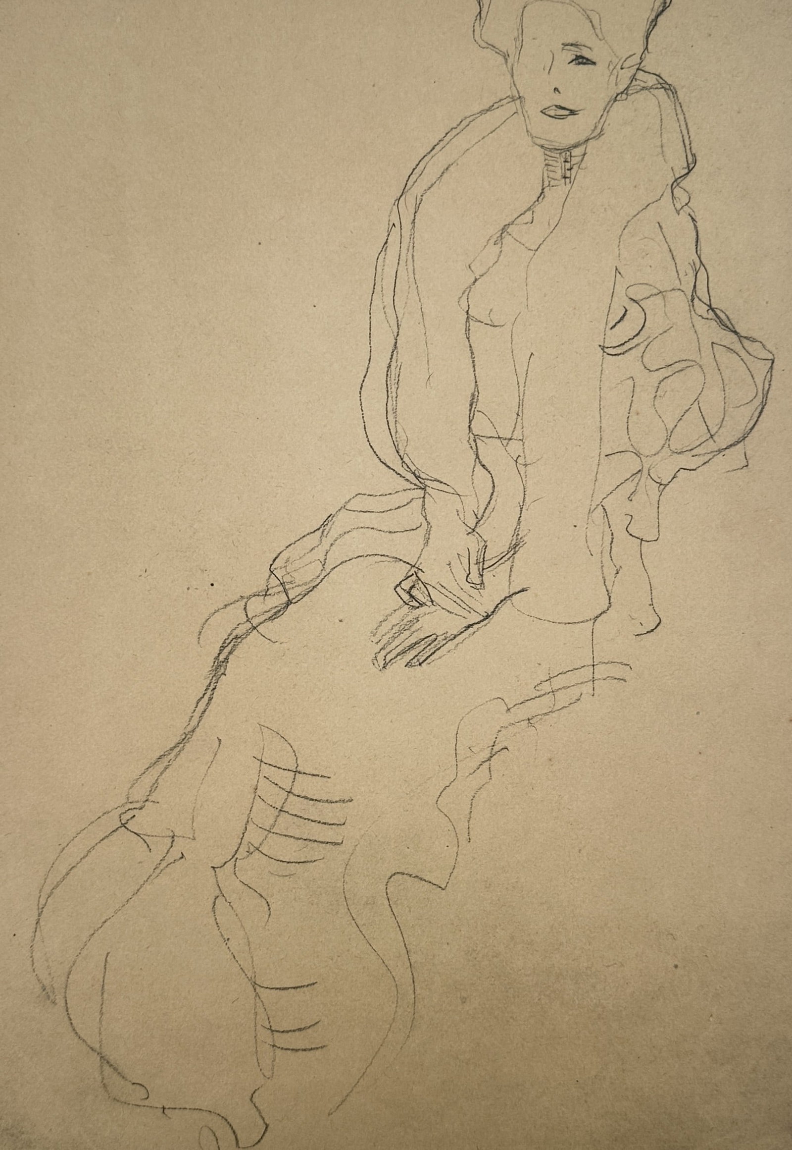 Gustav Klimt (1862–1918), after – Seated Woman – Lithograph (20th century): "Seated Woman" This lithograph features a delicate study of a seated female figure, rendered with the highly expressive and fluid lines characteristic of the artist's draftsmanship. The composition ca