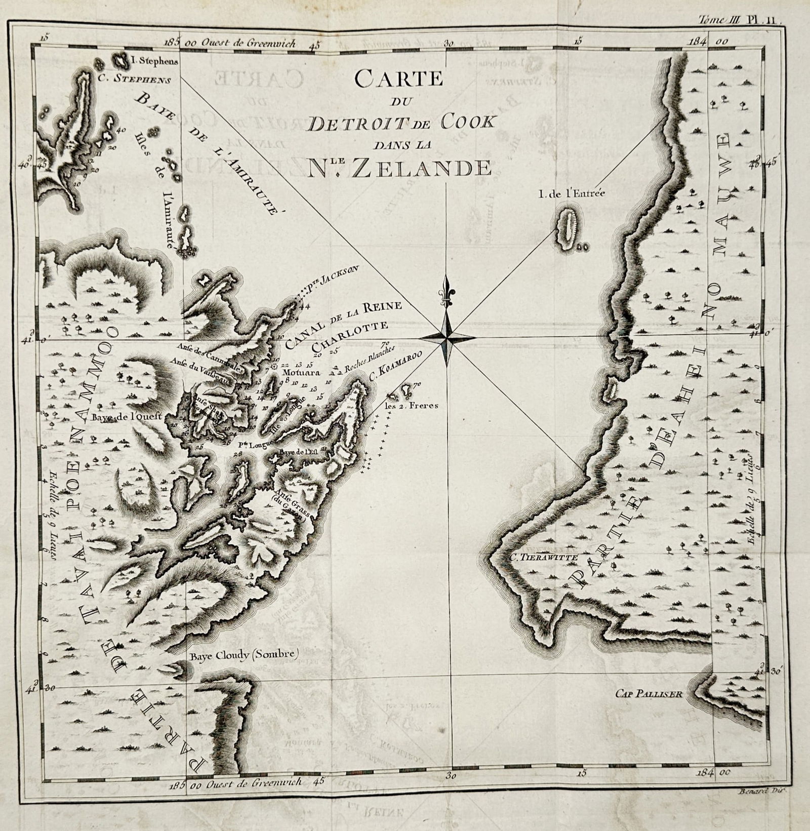 Captain James Cook (1728-1779) – Map of Cook Strait – New Zealand – Engraving (1774): "Carte du Detroit de Cook dans la N.le Zelande." This maritime chart provides a detailed topographical and hydrographic survey of the strait separating the North and South Islands of New Zealand, now