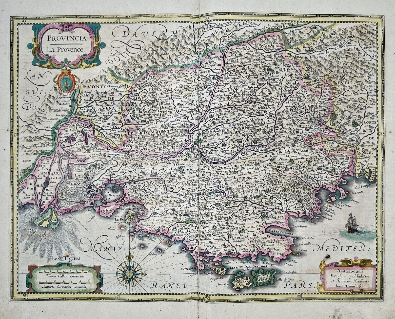 Henricus Hondius (1597-1651) – Map of Provence – France – Hand-coloured engraving (1635) (1 of 2)