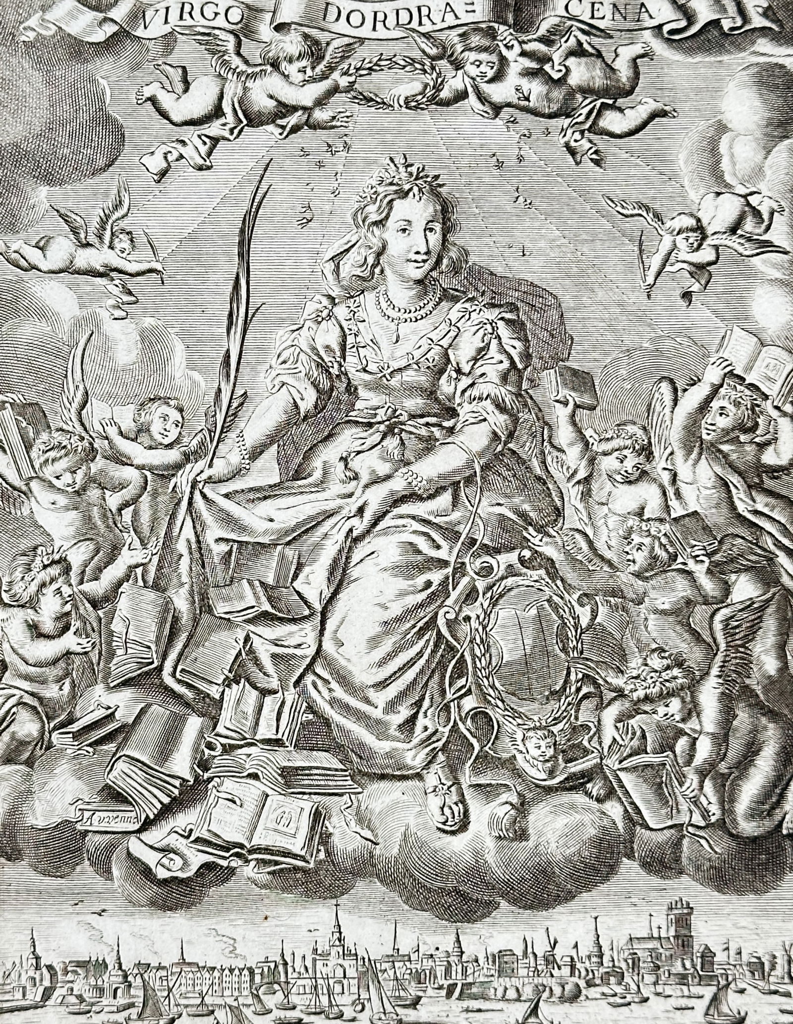 Jacob Cats (1577-1660) – Allegory of the Virgin of Dordrecht – Engraving (1655): "Proefsteen van den Trouwring. Het Tweede Deel." This engraving features an allegorical scene centered on a seated female figure, representing the Virgin of Dordrecht, positioned upon a cloud above a