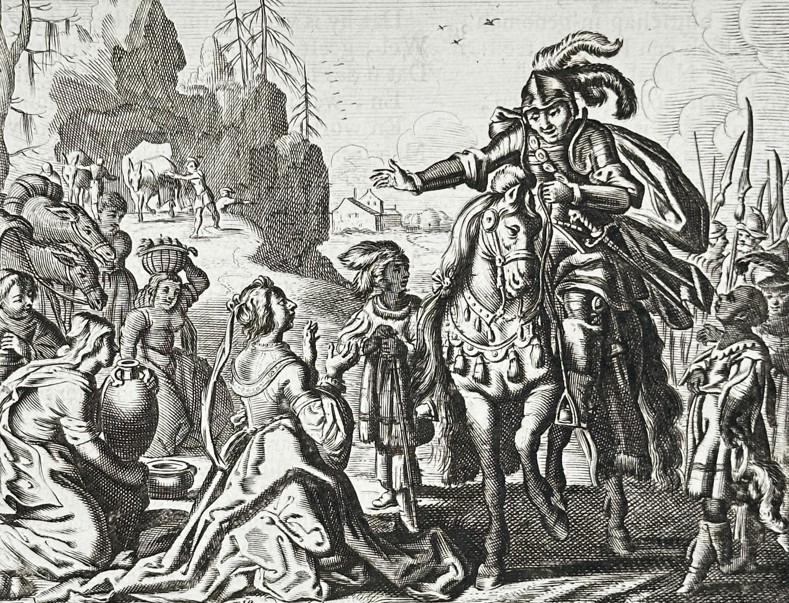 Jacob Cats (1577-1660) – David and Abigail – Engraving (1655): "David trouwt Abigail." This engraving illustrates the biblical encounter between David and Abigail. The scene depicts Abigail kneeling before David in a gesture of humility and supplication, accompan