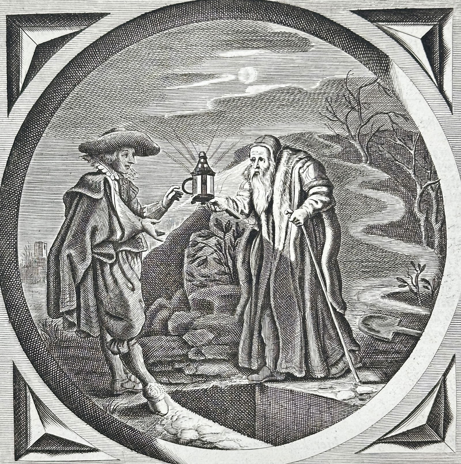 Jacob Cats (1577-1660) – Passing the Torch – Engraving (1655): "Lampada trado." This circular engraving, set within a square architectural frame, depicts an elderly man handing a lit lantern to a younger man in a landscape at night. The scene captures the moment