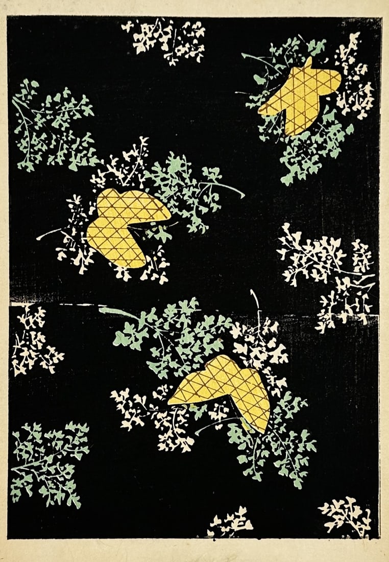 Japanese School (20th Century) – Stylized Butterfly and Floral Pattern – Woodcut (20th Century): "Japanese Pattern" depicts a decorative composition of stylized yellow butterflies interspersed with delicate white and green floral motifs set against a solid black background. The work utilizes the