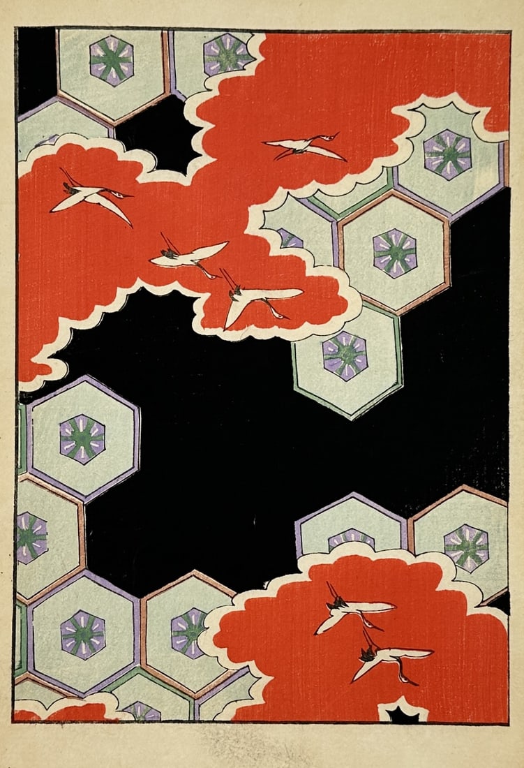 Japanese School (20th Century) – Stylized Crane and Geometric Cloud Pattern – Woodcut (20th: "Japanese Pattern" presents a decorative composition featuring white cranes in flight against vibrant red clouds and a repeating hexagonal geometric motif. The work utilizes a striking palette of red,