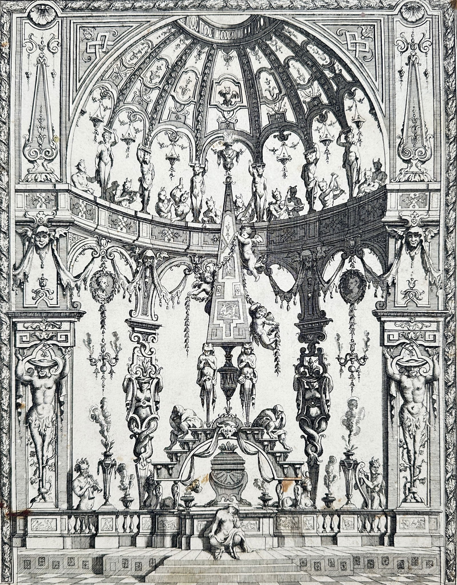 Jean Bérain the Elder (1640–1711) – Architectural Fantasy with Obelisk and Dome – Engraving: "Desseins de Cheminées." This engraving presents an intricate architectural caprice typical of the late Baroque and early Rococo transition. The composition is centered on a highly ornate obelisk ado