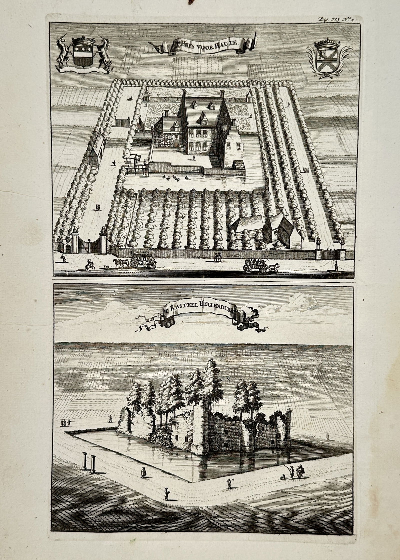 Mattheus Smallegange (1624-1710) – View of Huis Voor Houte and Kasteel Hellenburg – Engraving: "Huis Voor Houte" and "Kasteel Hellenburg." This print features two distinct topographical views arranged vertically. The upper section illustrates the manor of Huis Voor Houte in Kruiningen, shown wi
