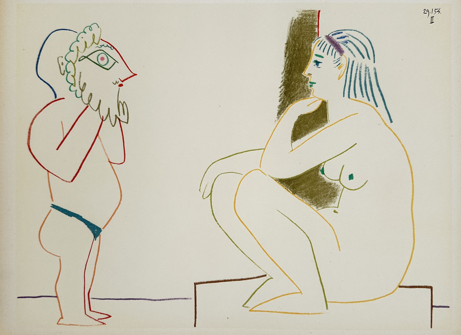 Pablo Picasso (1881–1973), after – Model and Surrealist Mask – Offset print (20th Century): "29.1.54. II." This offset print features a minimalist, linear composition depicting a seated female nude facing a small, stylized figure wearing a large, bearded mask. The work is characterized by Pi