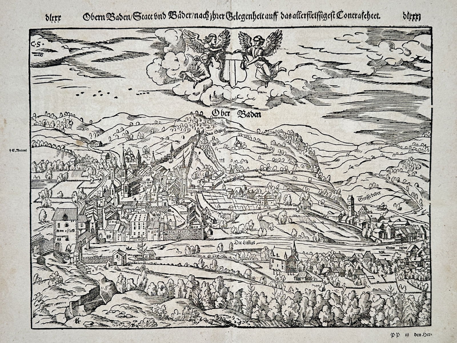 Sebastian Munster (1488-1552) – Map of Baden-Baden – Germany – Woodcut (1550): "Obern Baden Statt und Bäder nach ihrer Gelegenheit auff das allersleissigst Contrafayhet." This woodcut provides a detailed topographical view of the city of Baden-Baden and its famous thermal baths