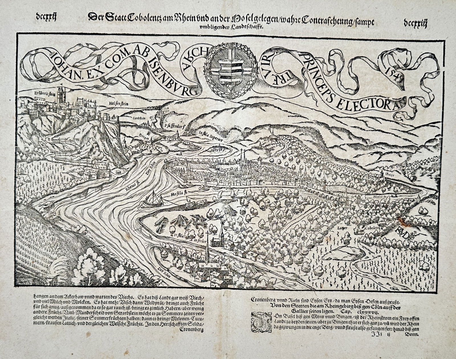 Sebastian Munster (1488-1552) – Map of Koblenz – Germany – Woodcut (1550): "Der Statt Cobolentz am Rhein und an der Mosel gelegen wahre Contrafeyhung sampt umligender Landschafft." This woodcut provides a topographical view of the city of Koblenz at the confluence of the Rhi