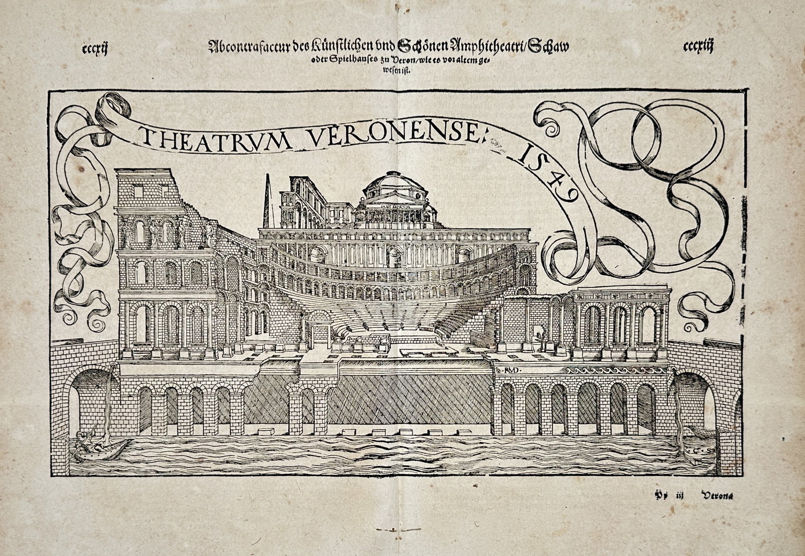 Sebastian Munster (1488-1552) – View of the Amphitheatre in Verona – Woodcut (1550) (1 of 2)