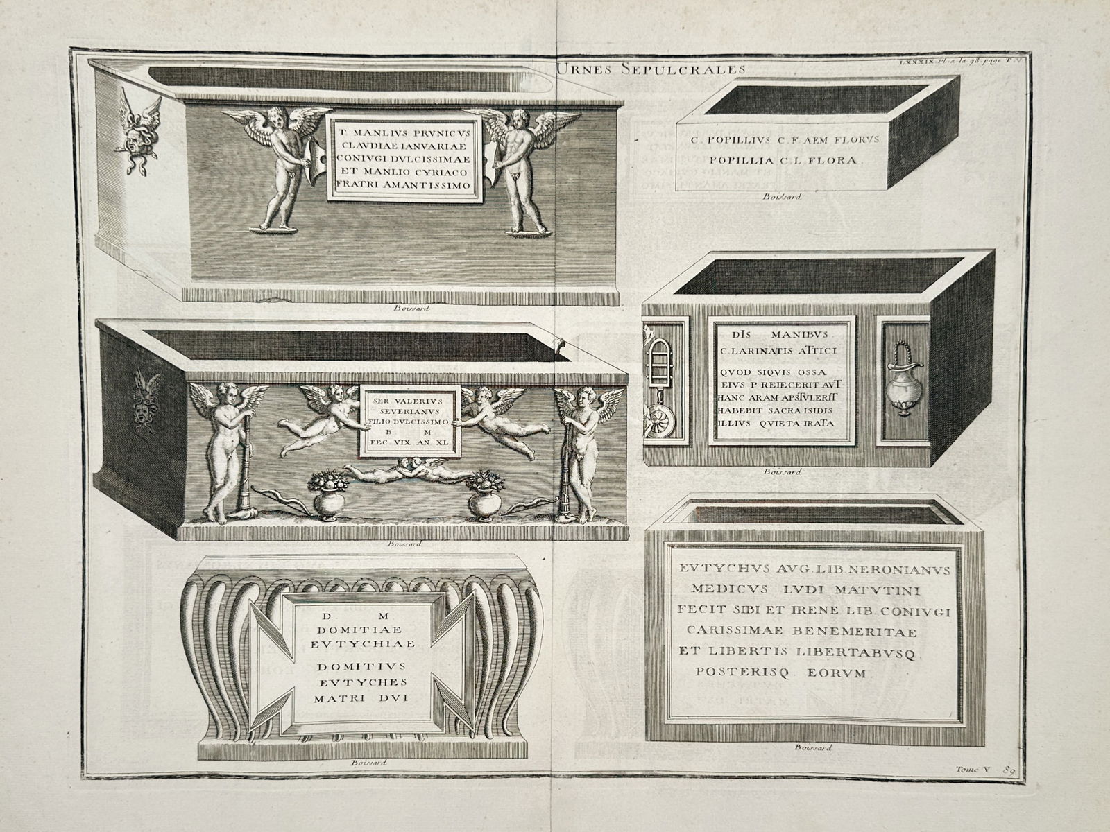Bernard De Montfaucon (1655-1741) – Ancient Roman Funerary and Sacred Antiquities – Engraving: "Urnes Sepulcrales" This set of engravings illustrates a comprehensive archaeological survey of ancient Roman life and death, featuring funerary monuments, sacrificial ceremonies, and religious object