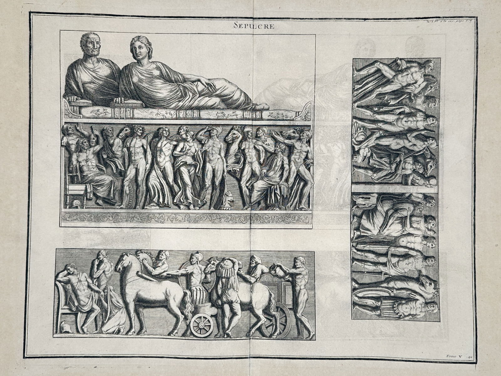 Bernard De Montfaucon (1655-1741) – Classical Sarcophagi and Reliefs – Engraving (1719) (1 of 2)