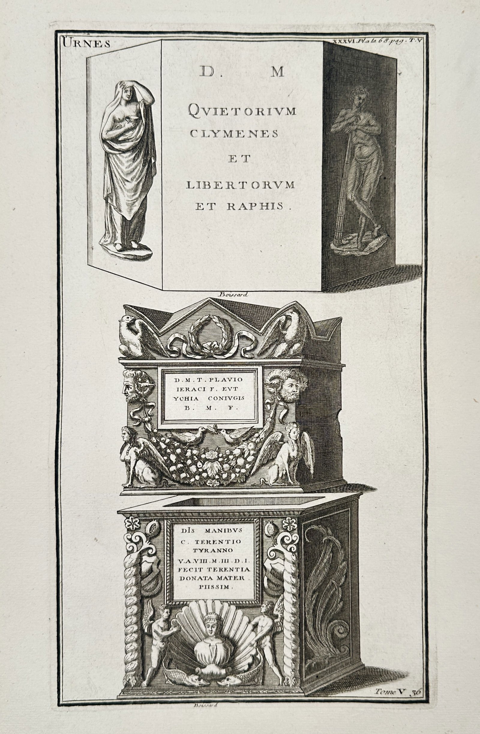 Bernard De Montfaucon (1655-1741) – Roman Funerary Monuments – Engraving (1719): "Urnes" This engraving illustrates three distinct examples of ancient Roman funerary architecture and sculpture. The upper register features a large marble block with a central commemorative inscripti