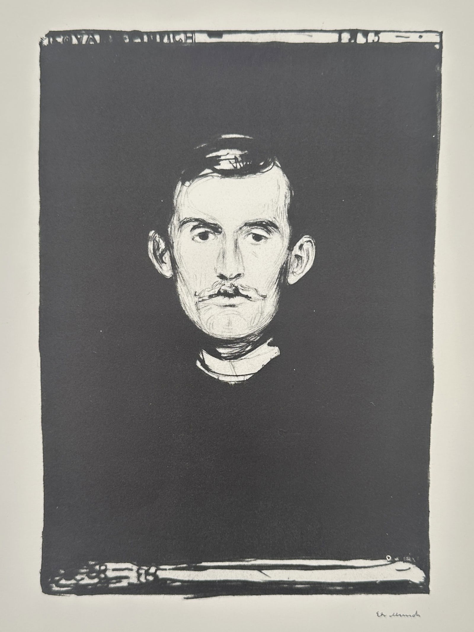 Edvard Munch (1863-1944), after – Self-Portrait with Skeleton Arm – Offset print (20th Century): "Self-Portrait with Skeleton Arm" This offset print presents a stark monochromatic portrait of the artist against a deep black background. The composition focuses on the artist's head and neck, which
