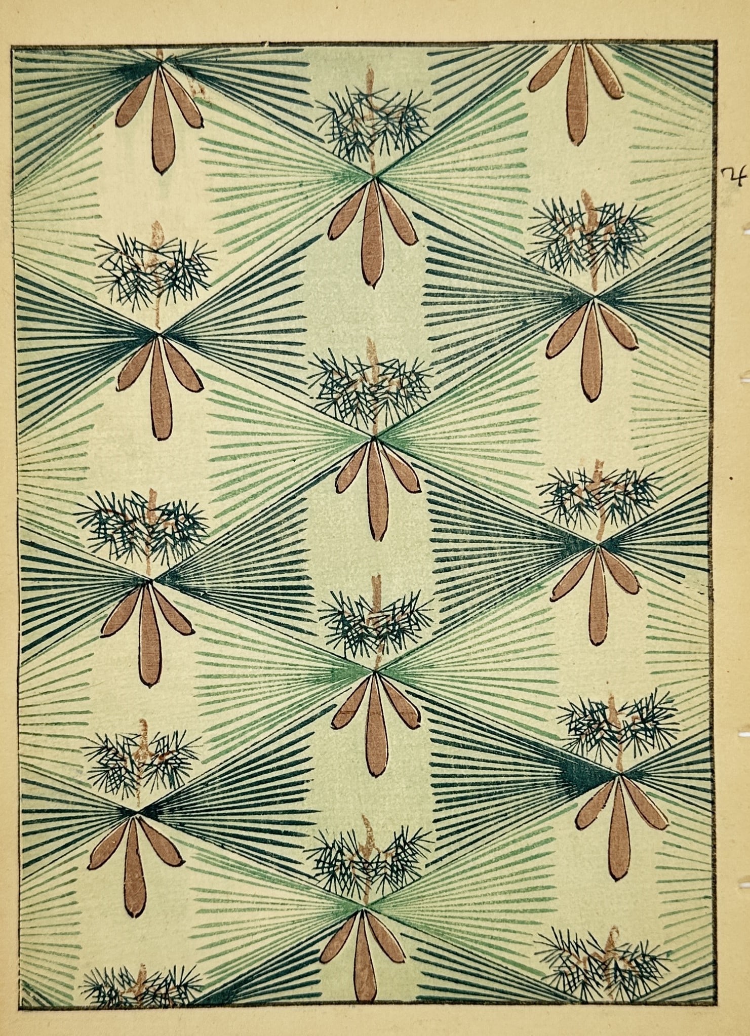 Japanese School – Symmetrical Pine Needle Composition – Woodcut (20th Century): This woodcut features a stylized botanical pattern consisting of recurring pine needle clusters and cones arranged in a rhythmic, symmetrical grid. The design utilizes a restrained palette of forest g