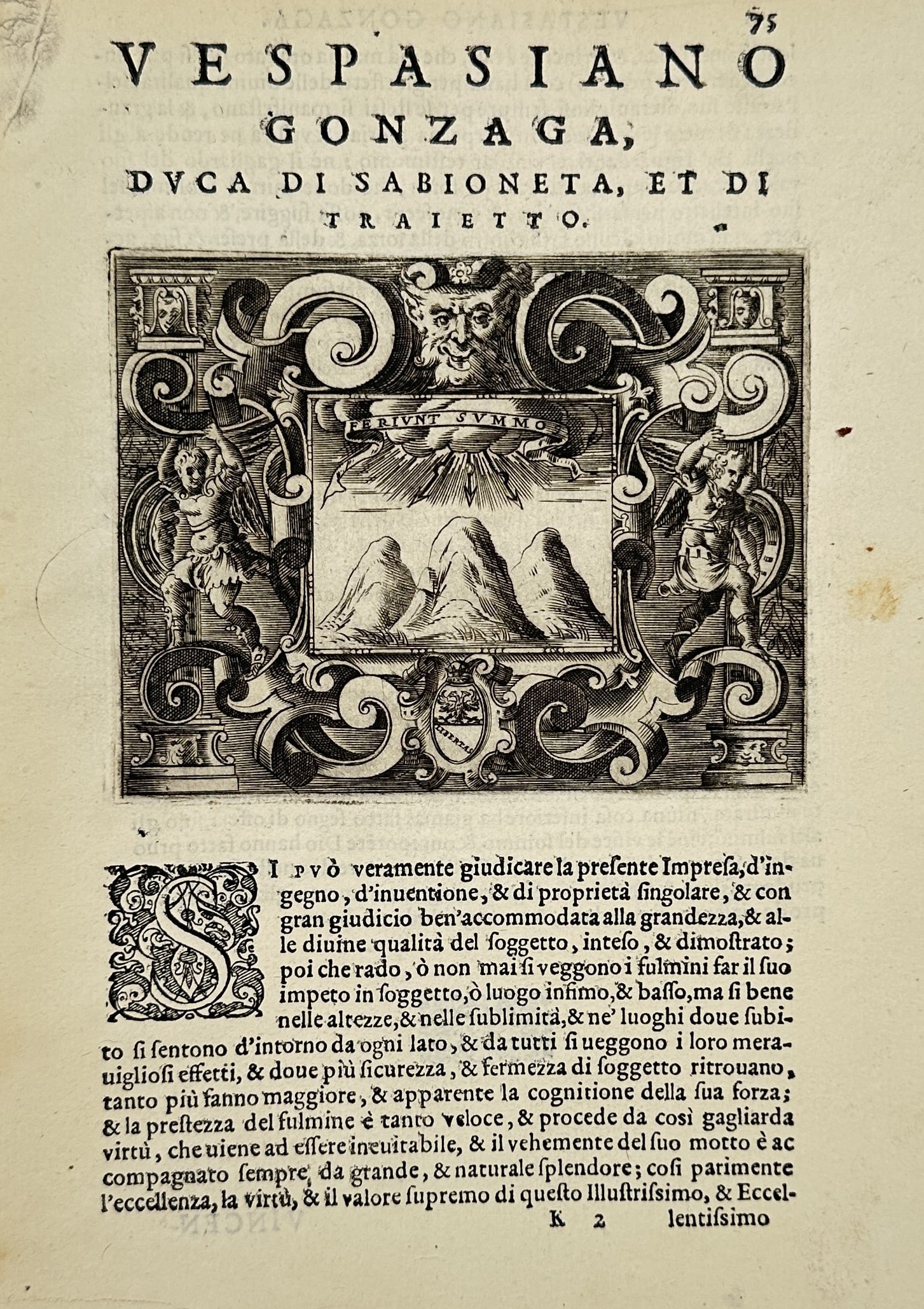 Girolamo Ruscelli (1504–1566) – Emblem of Vespasiano Gonzaga – Engraving (1566) (1 of 2)