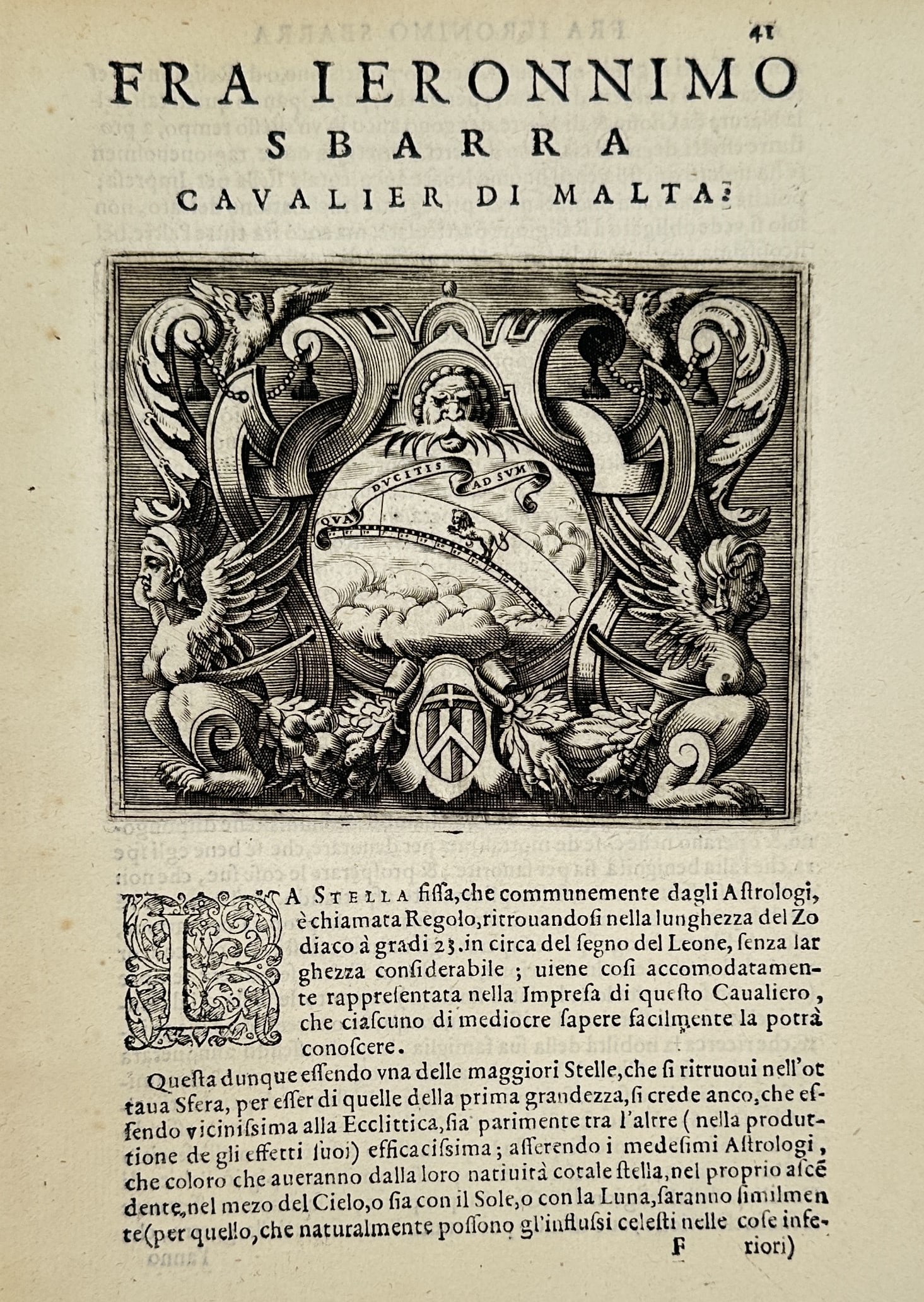 Girolamo Ruscelli (1504–1566) – Emblem of Fra Ieronnimmo Sbarra – Engraving (1566) (1 of 2)