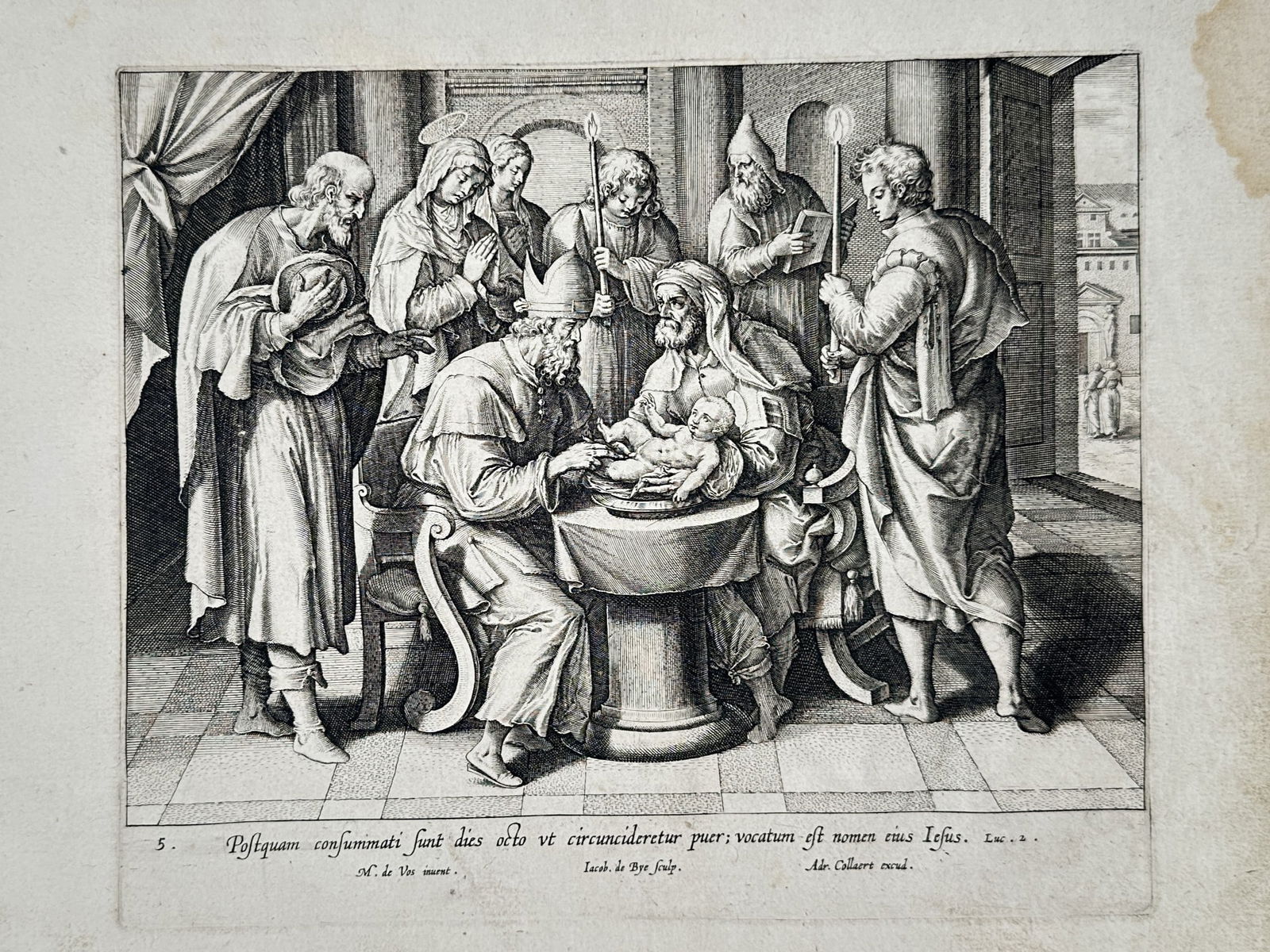 Maerten de Vos (1532–1603) – The Circumcision of Christ – Engraving (17th Century): Postquam consummati sunt dies octo ut circumcideretur puer vocatum est nomen eius Iesus is an engraving depicting the ritual circumcision of the infant Christ in a temple setting. The composition feat