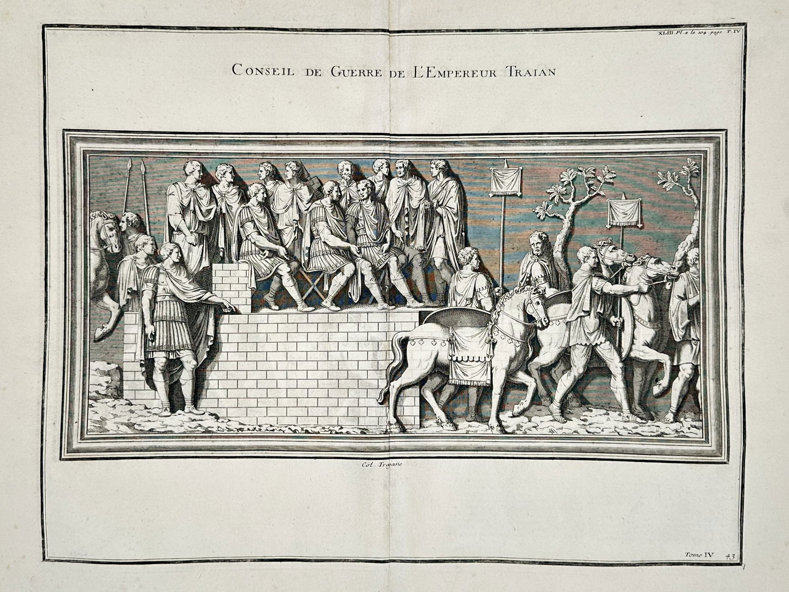 Bernard de Montfaucon (1655–1741) – Council of War of Emperor Trajan – Engraving: "CONSEIL DE GUERRE DE L'EMPEREUR TRAIAN" is an engraving featuring a relief sculpture from the Column of Trajan in Rome. The composition depicts Emperor Trajan seated on a raised dais, surrounded by h