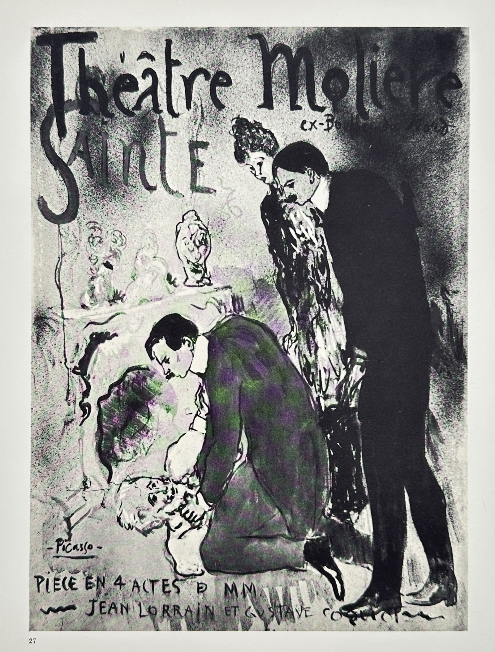 Pablo Picasso (1881–1973), after – Sainte-Roulette – Offset print (20th Century): "Sainte-Roulette" is an offset print depicting a theatrical poster design for the Théâtre Molière. The composition features a dramatic scene with a figure kneeling over another on the floor, while