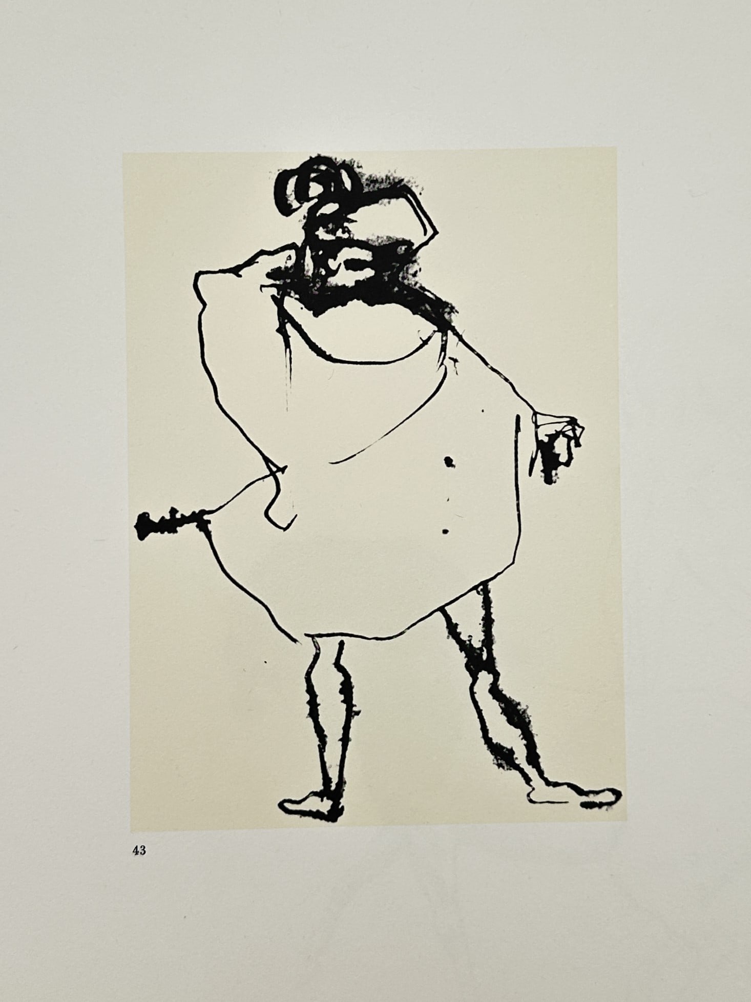 Pablo Picasso (1881–1973), after – Harlequin with a Cane – Offset print (20th Century): Harlequin with a Cane is an offset print depicting a theatrical figure in a voluminous cloak and a traditional commedia dell'arte hat. The character is rendered in a minimalist, expressive style using