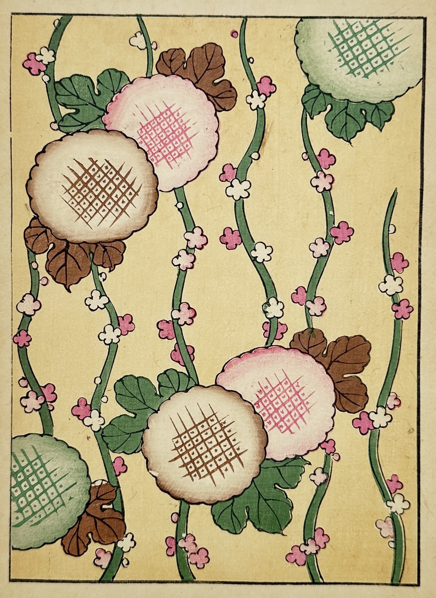Japanese School (20th Century) – Floral Pattern with Stylized Blossoms – Woodcut (20th Century): This woodcut features a decorative composition of circular, stylized flower blossoms in shades of pink, cream, and green against a pale yellow background. The design is integrated with vertically mean