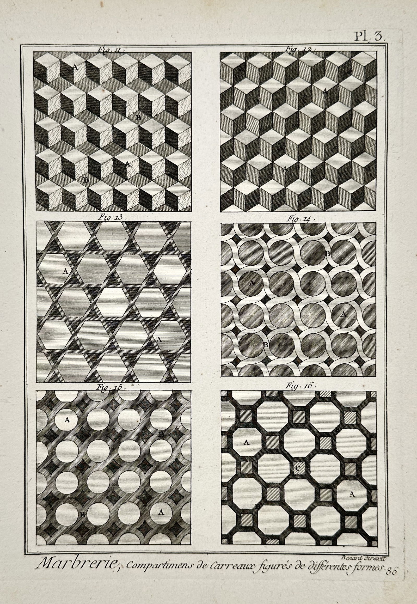 Robert Benard (1734–1777) – Studies of Marble Floor Patterns and Geometrical Designs –: "Marbrerie, Compartimens de Carreaux figurés de differentes formes" is an engraving featuring six panels of intricate marble flooring designs. The composition illustrates various geometric patterns i