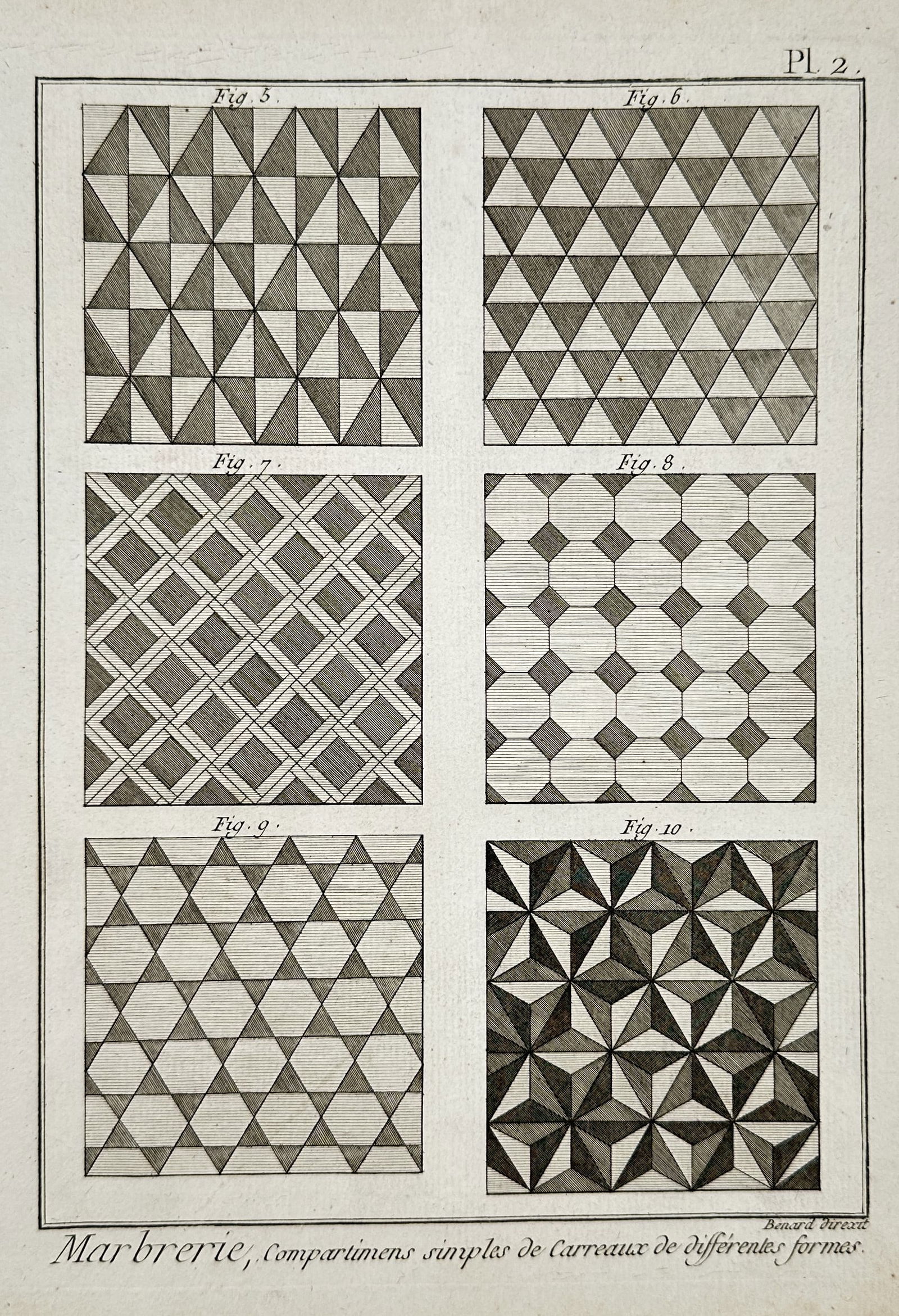 Robert Benard (1734–1777) – Studies of Geometric and Trompe l'Oeil Marble Patterns – Engraving: "Marbrerie, Compartimens simples de Carreaux de différentes formes" is an engraving featuring six panels of classical marble tiling and tessellation designs. The composition illustrates various mathe