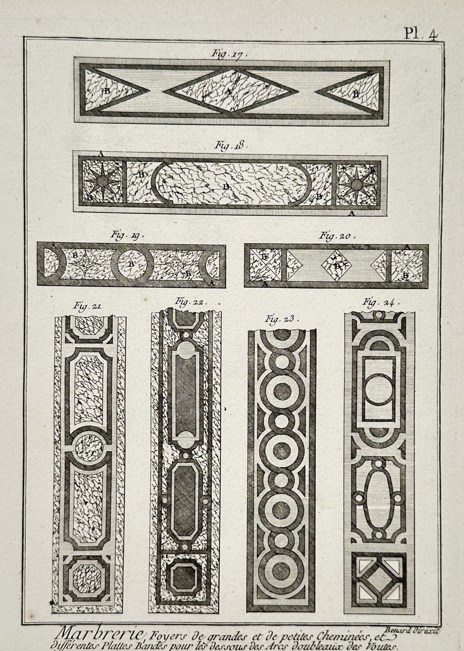 Robert Benard (1734–1777) – Studies of Decorative Marble Hearths and Vault Borders – Engraving (1 of 2)