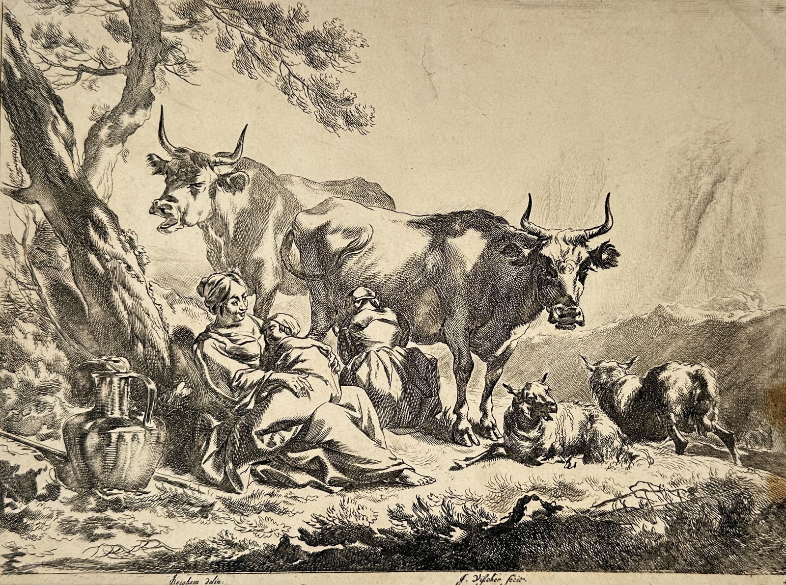 Jan de Visscher (1636–1692) – Pastoral Scene with Figures and Livestock – Etching (17th (1 of 2)