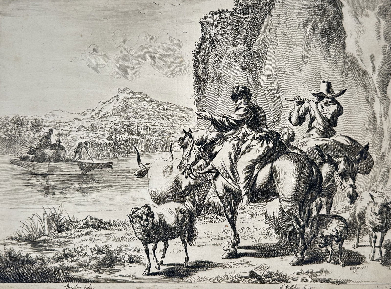 Jan de Visscher (1636–1692) – Figures and Animals Crossing a Stream – Etching (17th Century) (1 of 2)