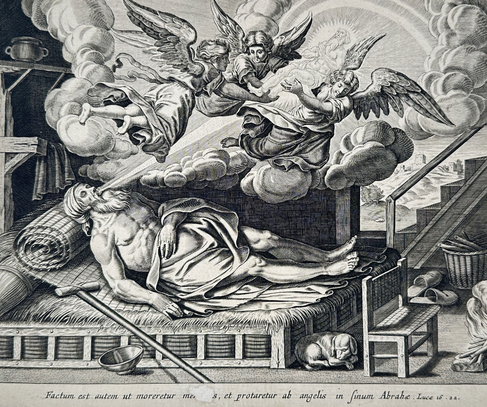 Claes Jansz Visscher (1587–1652) – The Death of Lazarus – Engraving (17th Century) (1 of 2)