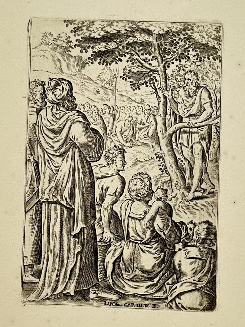 Philips Galle (1537–1612) – Saint John the Baptist Preaching in the Wilderness – Engraving: "Saint John the Baptist Preaching in the Wilderness" is an engraving featuring the biblical figure of John the Baptist standing beneath a tree and gesturing toward a gathered crowd of men, women, and