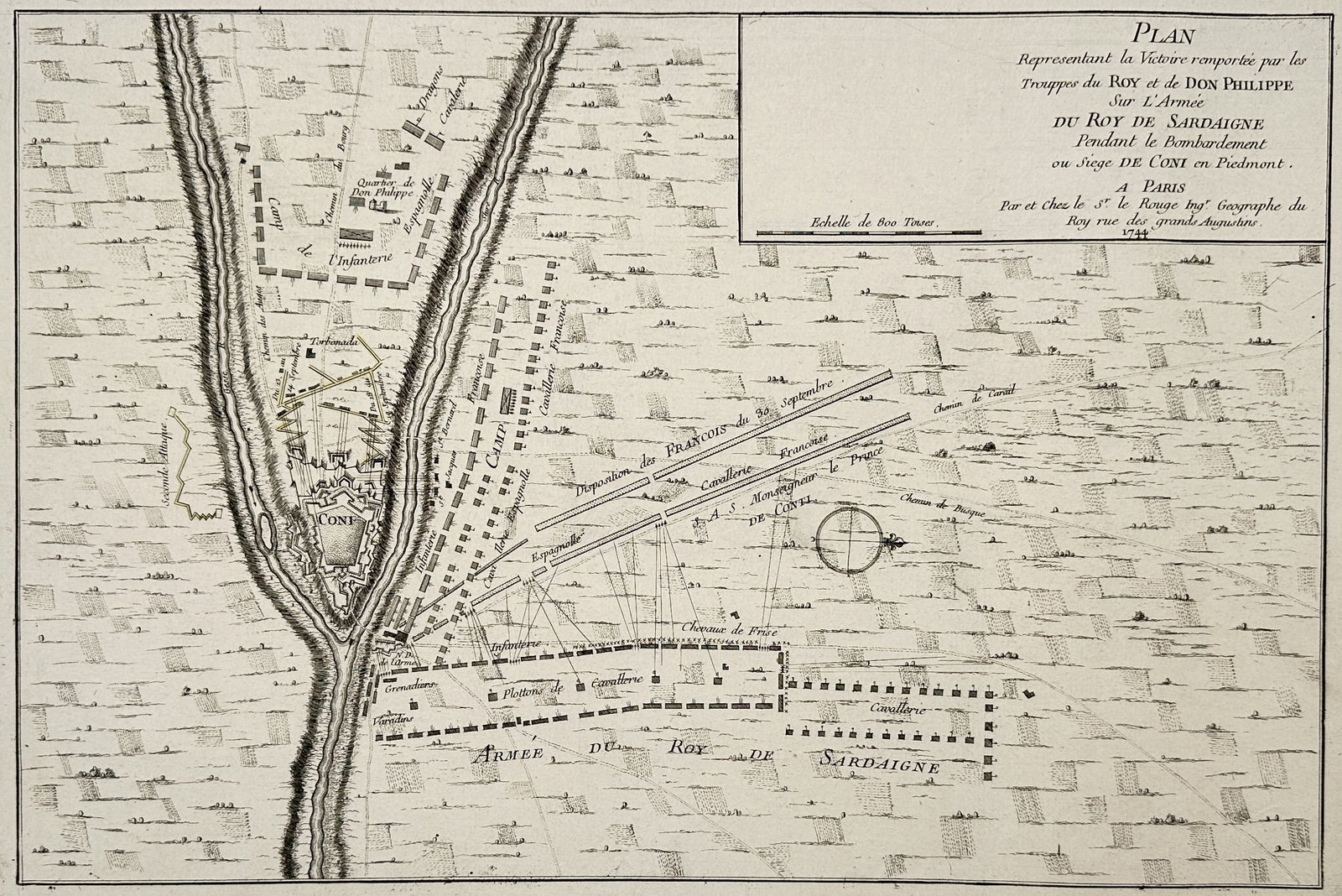 Georges-Louis Le Rouge (1712–1790) – Map of the Battle of Cuneo – Engraved Map (1744) (1 of 2)