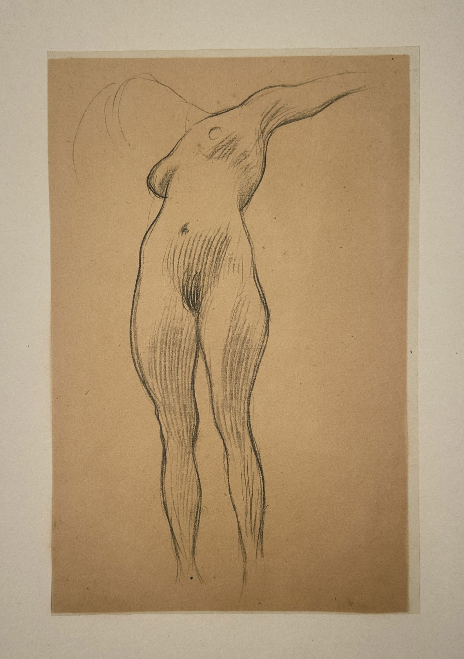 Gustav Klimt (1862-1918) – Standing Female Nude – Lithograph (20th century): "Standing Female Nude" This lithograph features a delicate study of a standing female figure rendered with highly expressive, fluid lines. The composition focuses on the rhythmic contours of the torso