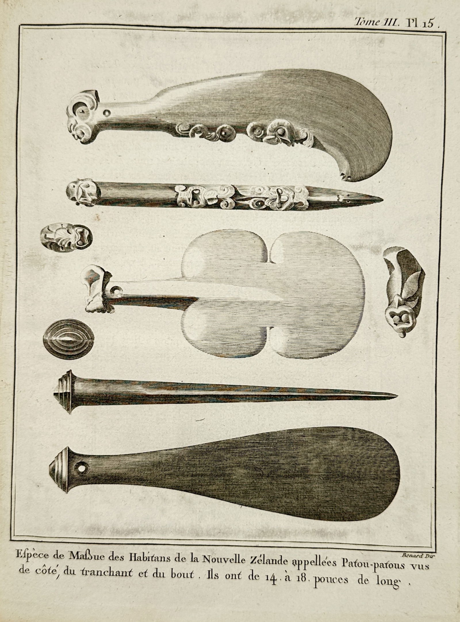 James Cook (1728-1779) – Maori Clubs of New Zealand – Engraving (1774): "Espece de Massue des Habitans de la Nouvelle Zelande appellees Patou-patous" This engraving illustrates a collection of traditional Maori hand weapons known as patu, specifically the patu onewa and k