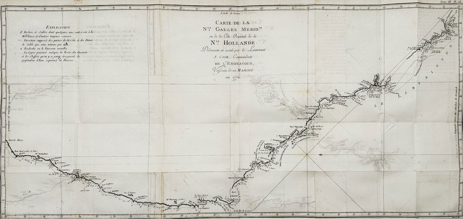 James Cook (1728-1779) – Map of New South Wales – Australia – Engraving (1774): "Carte de la Côte de la N.lle Galles Mérid.le ou de la Côte Orientale de la N.lle Hollande" This large-scale engraving presents a detailed hydrographic chart of the eastern coast of Australia, then