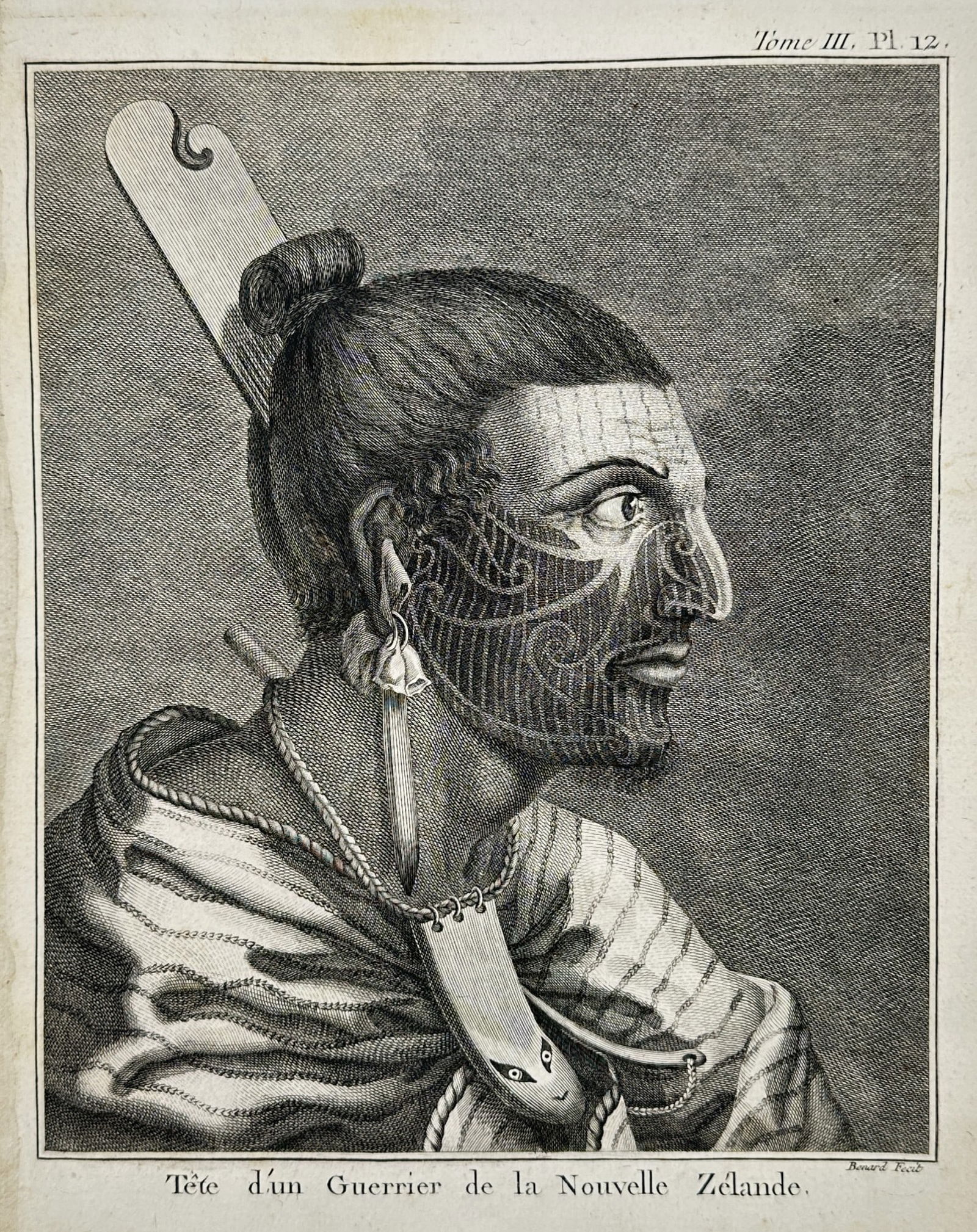 James Cook (1728-1779) – Portrait of a Maori Warrior – Engraving (1774): "Tête d’un Guerrier de la Nouvelle Zélande" This engraving presents a detailed profile portrait of a Maori warrior from New Zealand. The subject is depicted with traditional moko (facial tattoos)