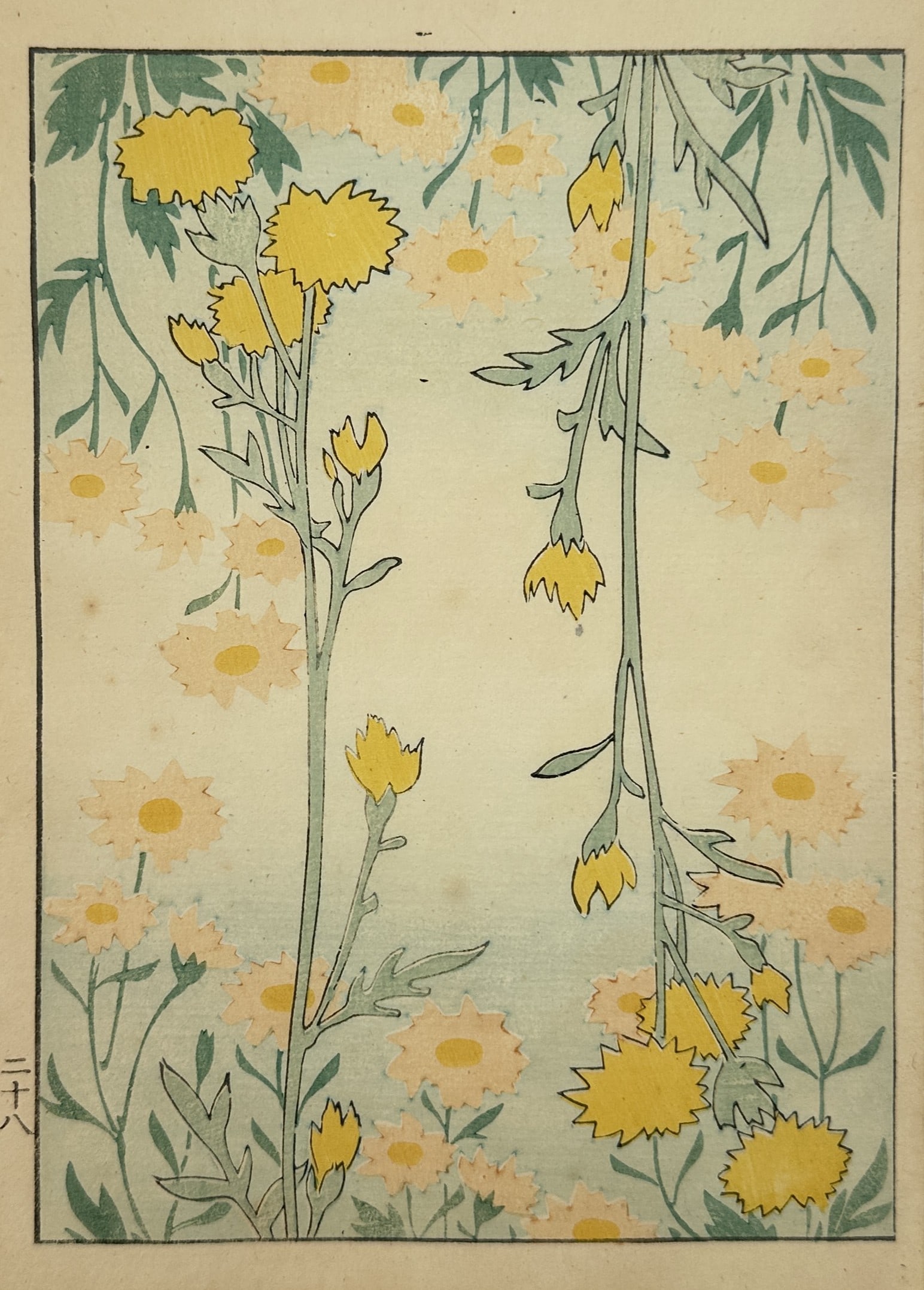 Japanese School (20th Century) – Cascading Yellow Chrysanthemums – Woodcut (20th Century) (1 of 2)