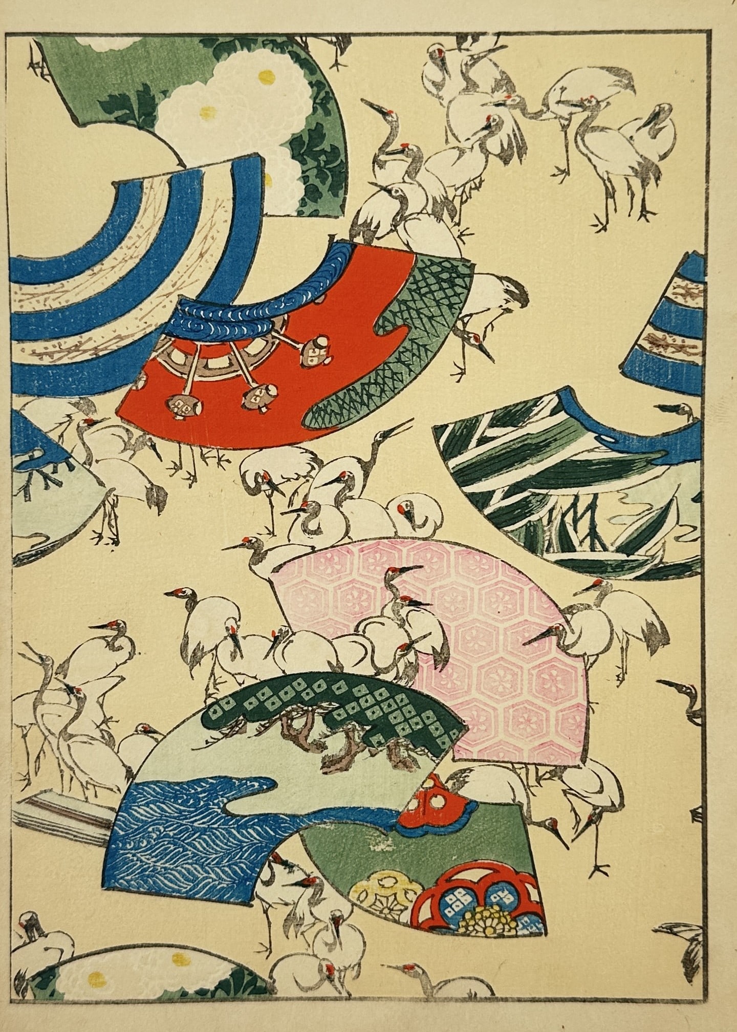 Japanese School (20th Century) – Fans and Cranes – Woodcut (20th Century): "Fans and Cranes" This woodcut presents a decorative composition featuring several open folding fans superimposed against a background of white cranes in flight. The fans are decorated with traditiona