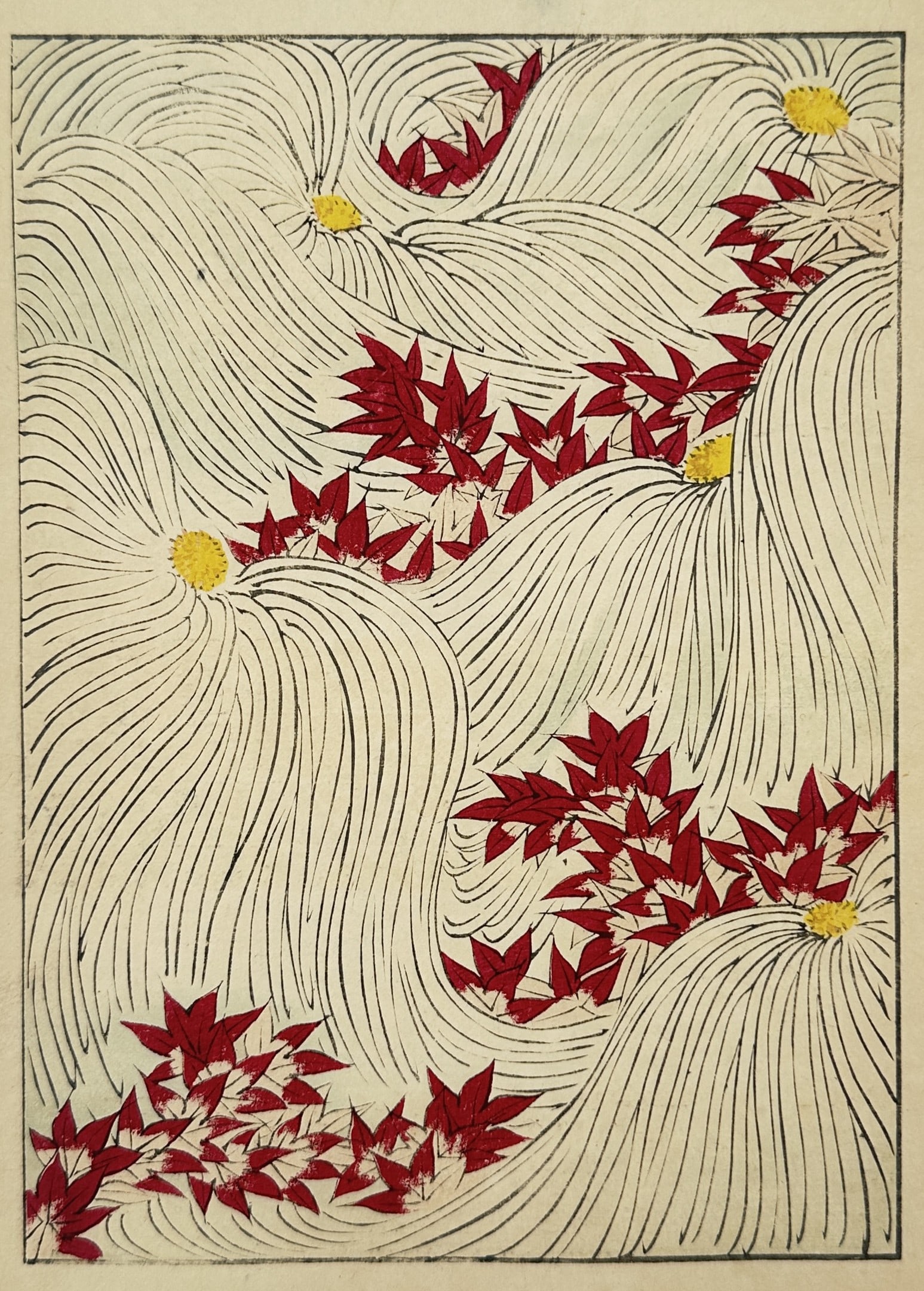 Japanese School (20th Century) – Floating Autumn Leaves and Stream – Woodcut (20th Century): "Floating Autumn Leaves and Stream" This woodcut presents a stylized landscape design featuring clusters of vibrant red maple leaves drifting along a winding stream. The water is represented by rhythm