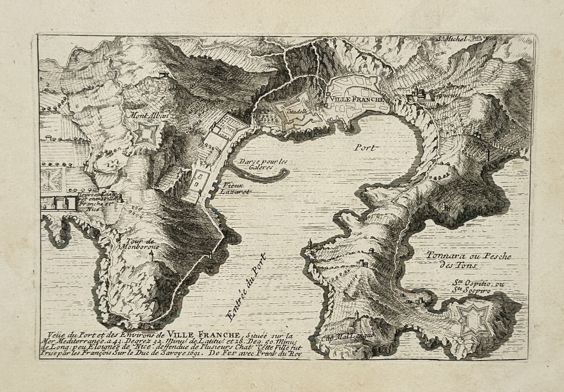 Nicolas de Fer (1450-1720) – Map of Villefranche-sur-Mer – France – Engraving (1691) (1 of 2)