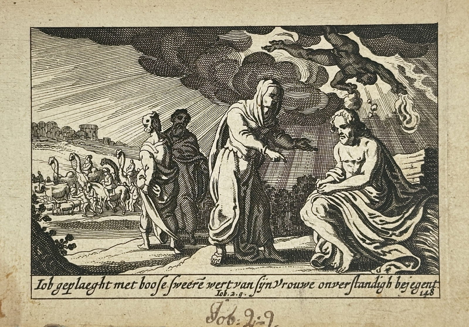 Piter Schulz (1642-1718) – Job Mocked by His Wife – Engraving (1670): "Iob geplaeght met boose sweeré wert van sÿn Vrouwe onverstandigh bejegent" This engraving depicts a scene from the Book of Job, illustrating the period of Job's physical suffering and spiritual tri