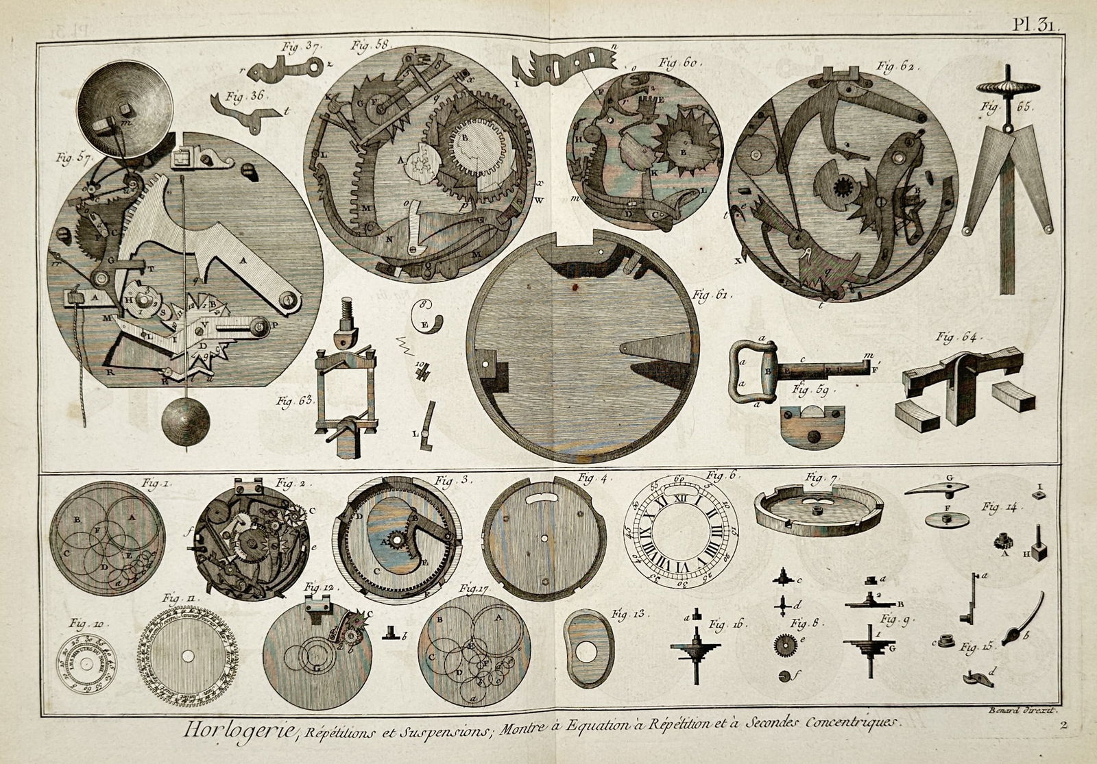 Robert Benard (1734-1777) – Horological Mechanisms and Clockwork – Engraving (Hand-coloured) (1 of 2)