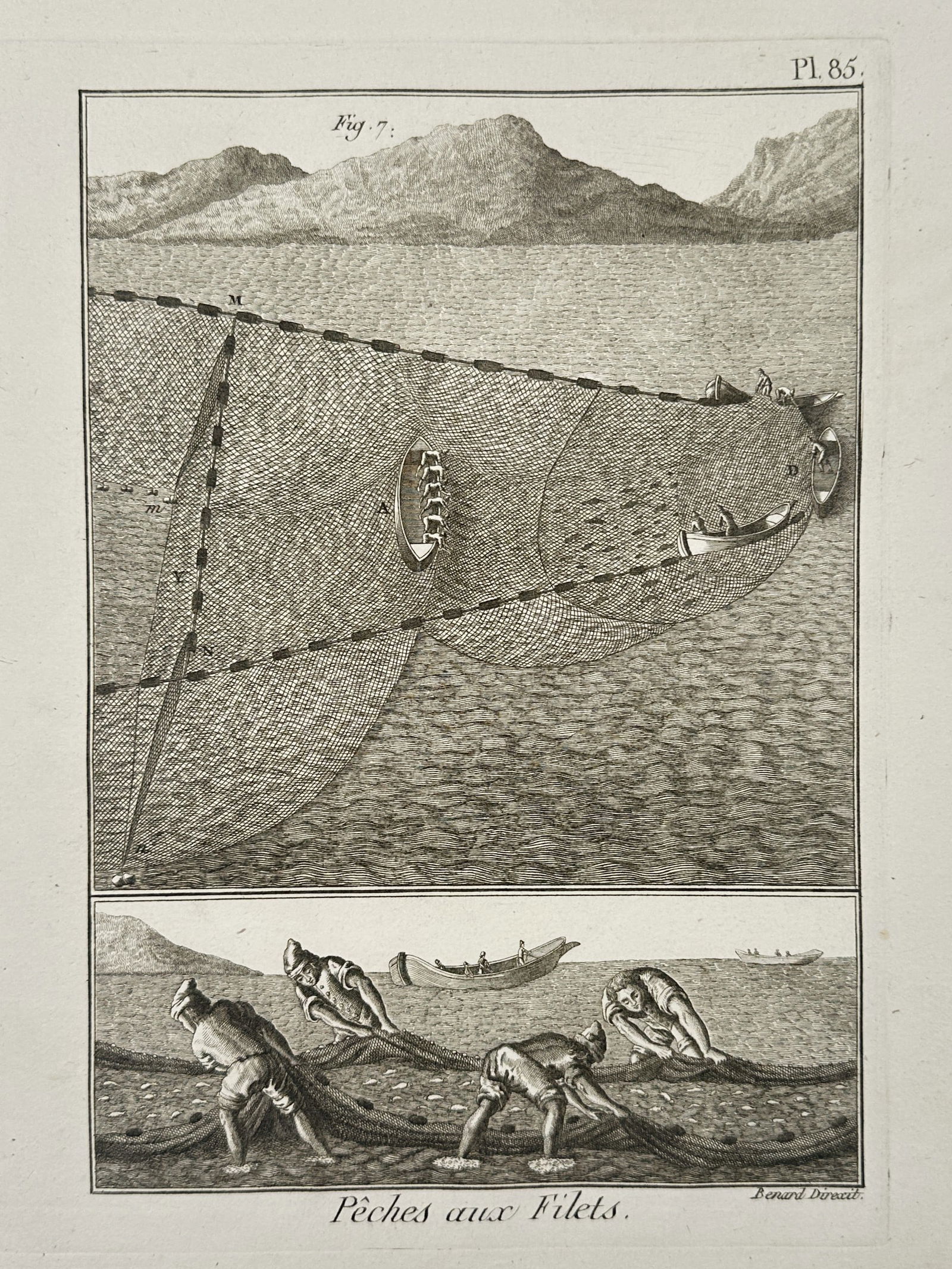 Robert Benard (1734-1777) – Tuna and Large Scale Net Fishing – Engraving (1774): "Peches aux Filets" This engraving depicts the complex operations of large scale net fishing in the eighteenth century. The upper register features a detailed view of a vast net system being managed b