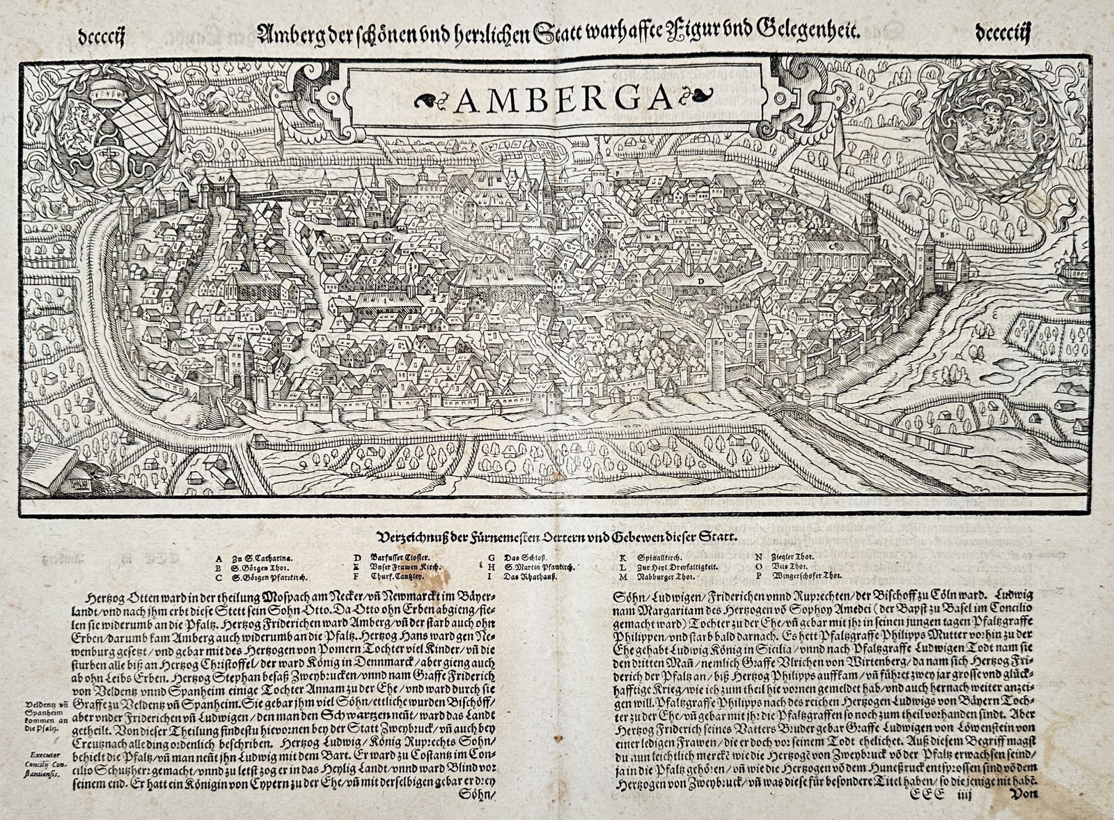 Sebastian Münster (1488-1552) – Map of Amberg – Germany – Woodcut (1550): "Amberg der schönen und herzlichen Statt warhaffte Figur und Gelegenheit" This woodcut provides a detailed bird's-eye view of the city of Amberg in Bavaria, Germany. The city is depicted within its p