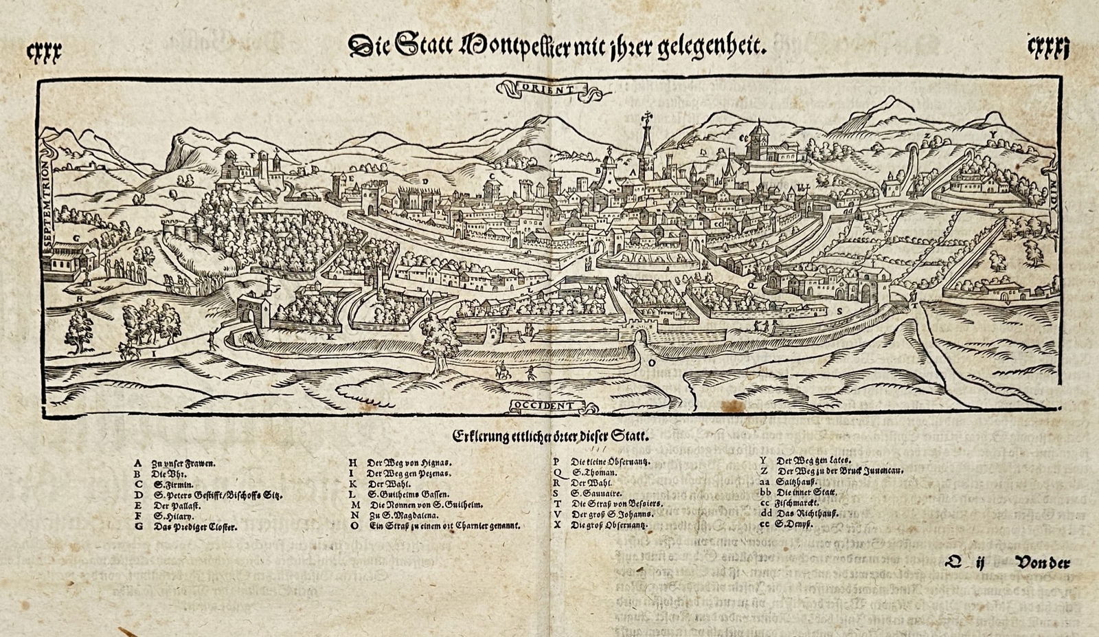 Sebastian Münster (1488-1552) – Map of Montpellier – France – Woodcut (1550) (1 of 2)