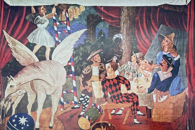 Pablo Picasso (1881–1973), after – Curtain for the Ballet "Parade" – Offset print: This print features a panoramic color print of the monumental drop curtain designed by the artist for the 1917 ballet Parade. The composition depicts a dreamlike circus scene dominated by a large whit
