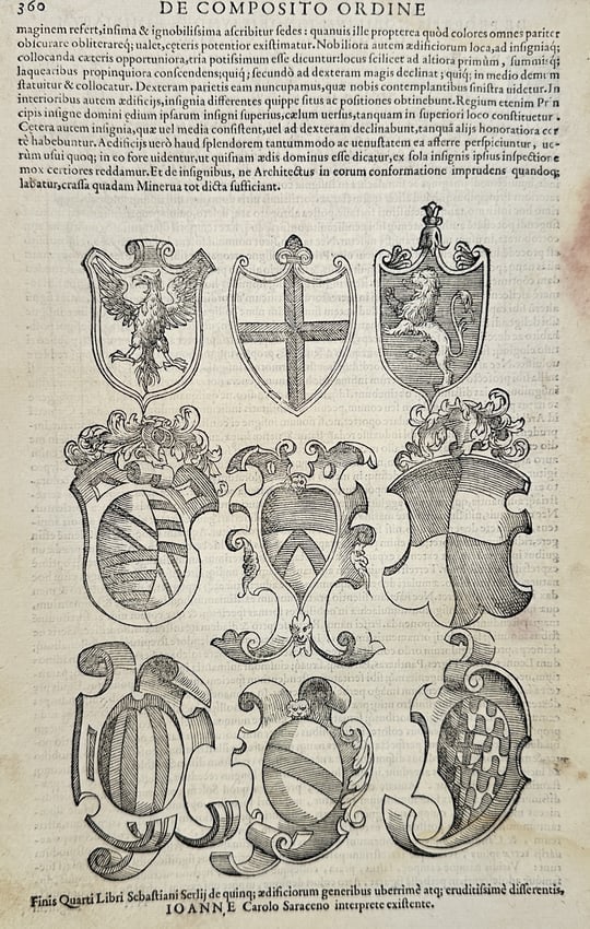 Sebastiano Serlio (1475–1554) – De Composito Ordine – Woodcut (1537): This print features a selection of nine heraldic shields, or coats of arms, arranged in three rows to illustrate diverse shield shapes and decorative flourishes, including scrolled mantling and figura