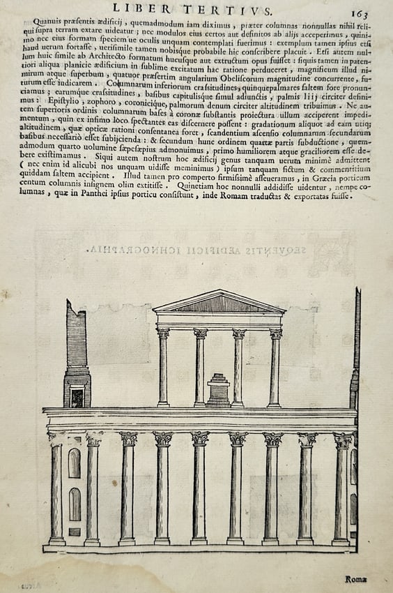 Sebastiano Serlio (1475–1554) – Pantheon Portico and Roman Ruins – woodcut (1 of 2)